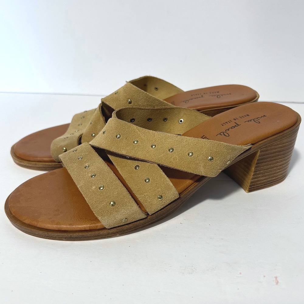 Mila Paoli Studded Suede Block Heel Slide Sandals Women 7.5 Tan Boho Cross Italy